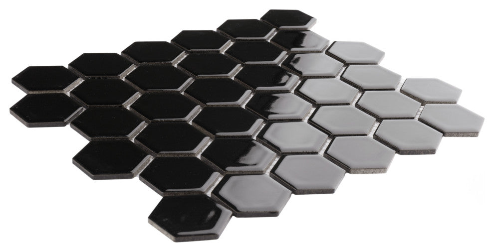 Hudson Due 2" Hex Glossy Black Porcelain Floor and Wall Tile