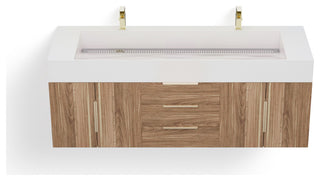 The Burke Bathroom Vanity, White Oak, 60", Double Sink, Wall Mount