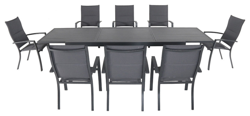 Naples 9-Piece Outdoor Dining Set With Padded Chairs, Gray and 40"x118" Table