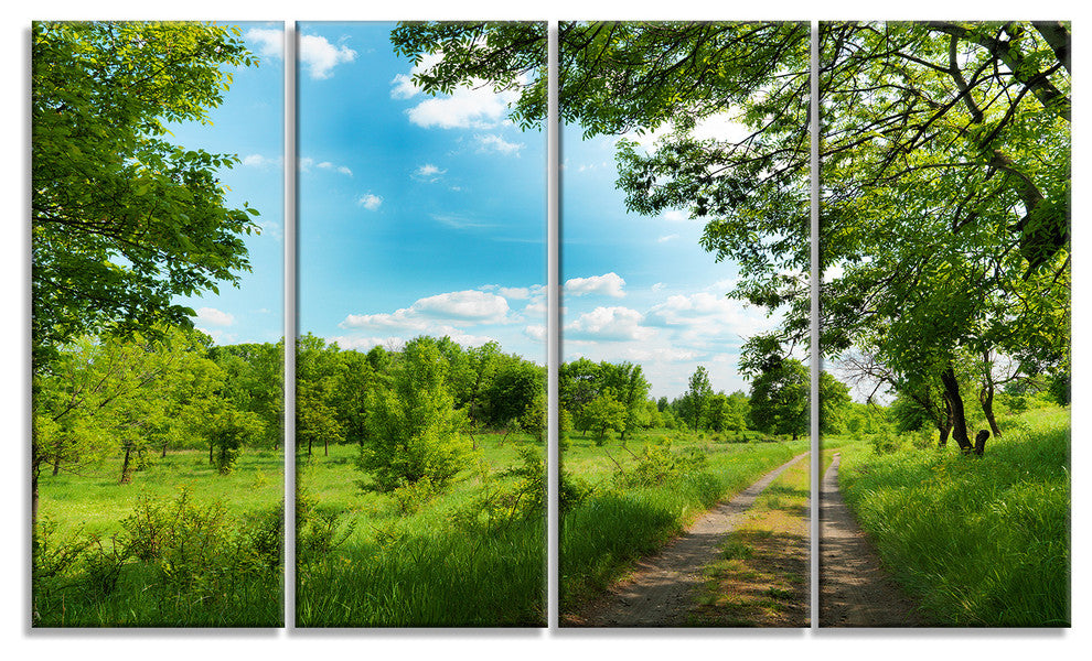Green Forest Road and Blue Sky, Modern Landscape Canvas Art, 48"x28", 4 Panels