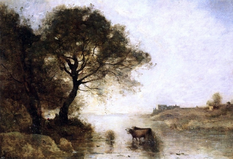 Jean-Baptiste-Camille Corot A Ford With Large Trees Wall Decal