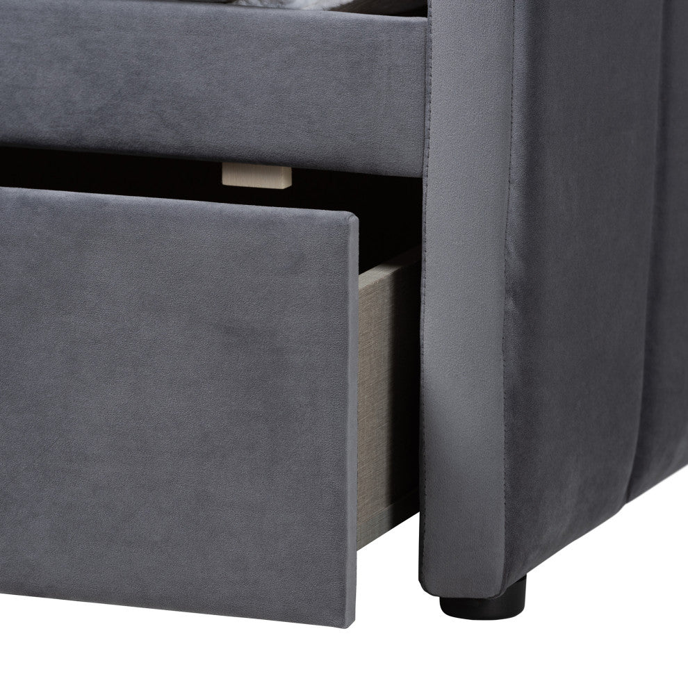 Gulliver Grey Velvet Fabric Upholstered 2-Drawer Daybed