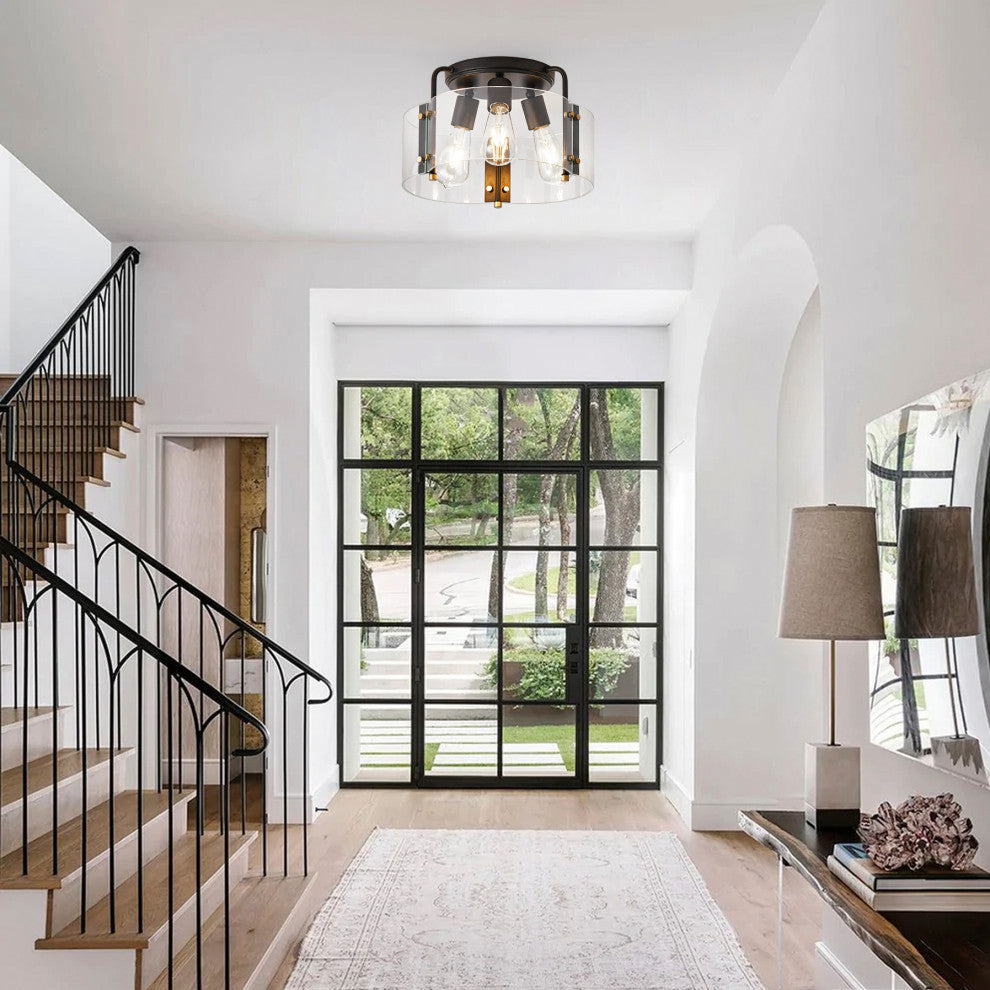 Modern 3-Light Black Semi Flush Mount Ceiling Light with Glass Shade