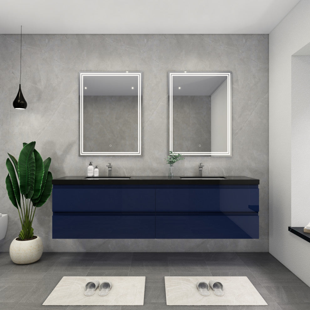 Belli 84" Double Sink Wall Mount Vanity Set, High Gloss Night Blue, Matt Black Top