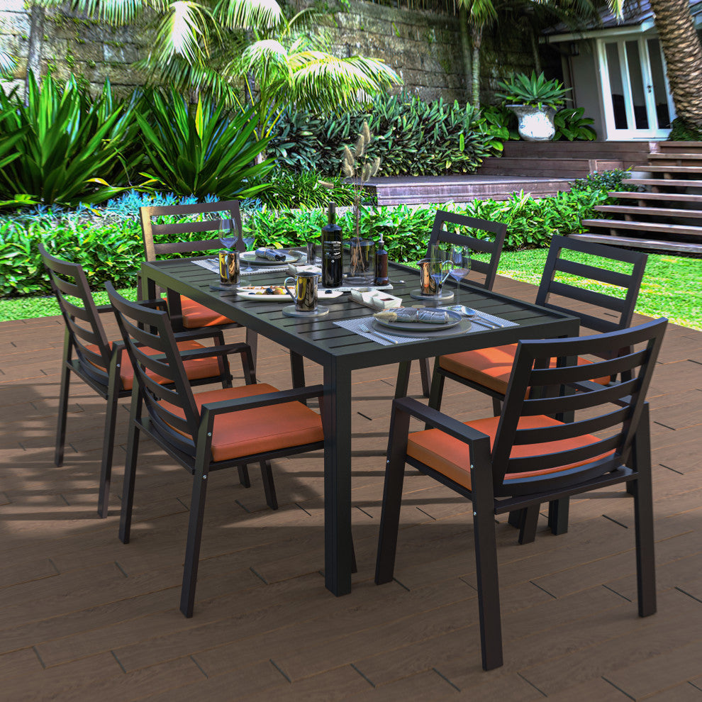 LeisureMod Chelsea Patio Dining Armchair in Aluminum with Cushions, Orange