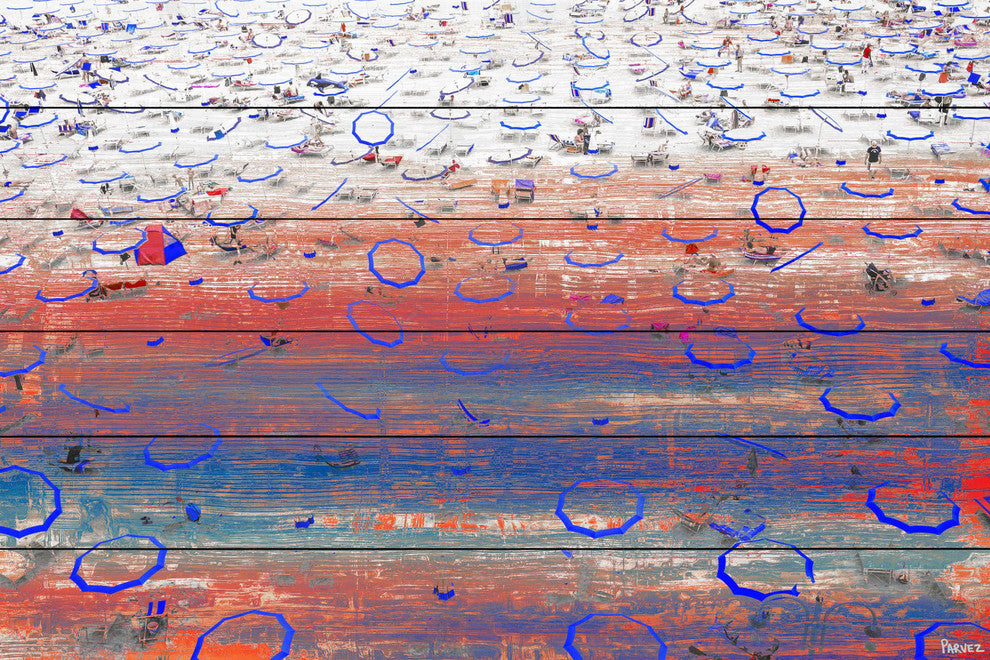 "Blue Umbrella Rings" Painting Print on White Wood, 36"x24"