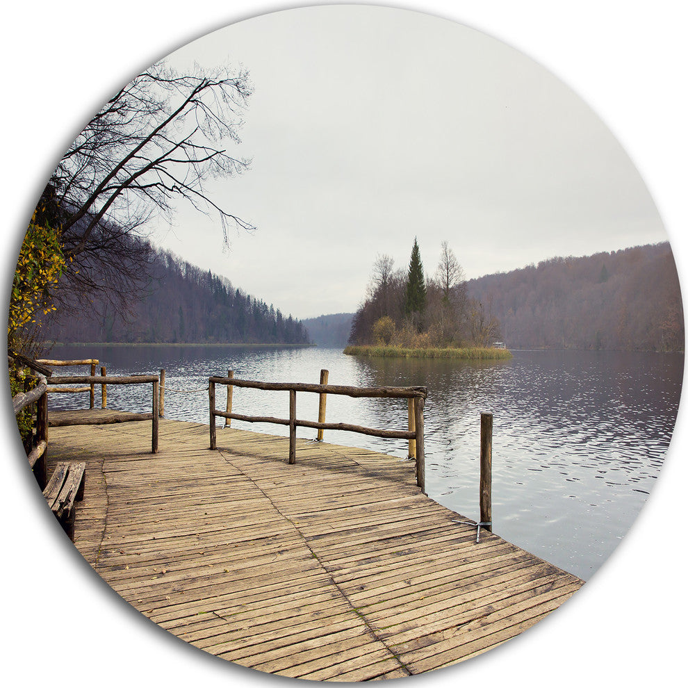Plitvice Lakes Wooden Bridge, Landscape Photo Round Metal Wall Art, 36"