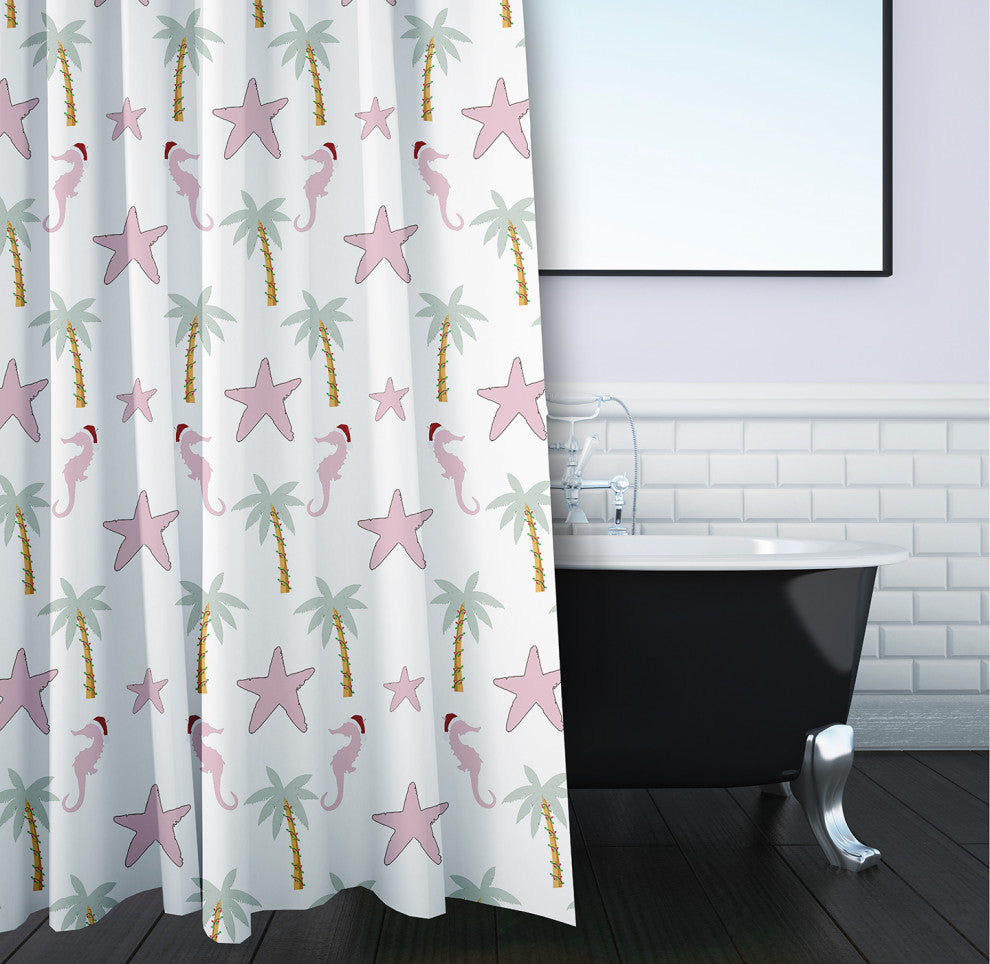 70"Wx73"L Christmas Beach Pattern Shower Curtain, Light Pink