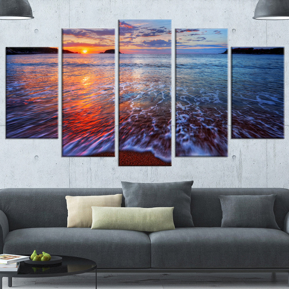 Placid Shore and Whimsical Clouds, Seashore Canvas Art Print, 60"x32", 5 Panels