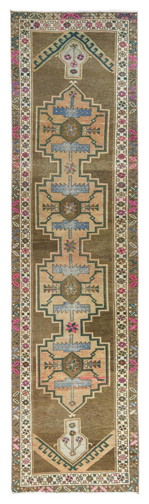 Hazelnut Brown Vintage Northwest Persian Hand Knotted Pure Wool Rug, 3'3"x12'10"