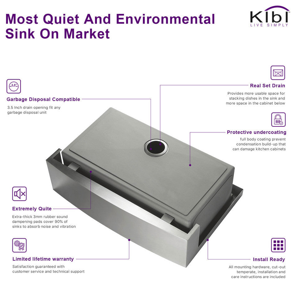 KIBI Farmhouse Apron Single Bowl Stainless Steel Workstation Kitchen Sink, 33"