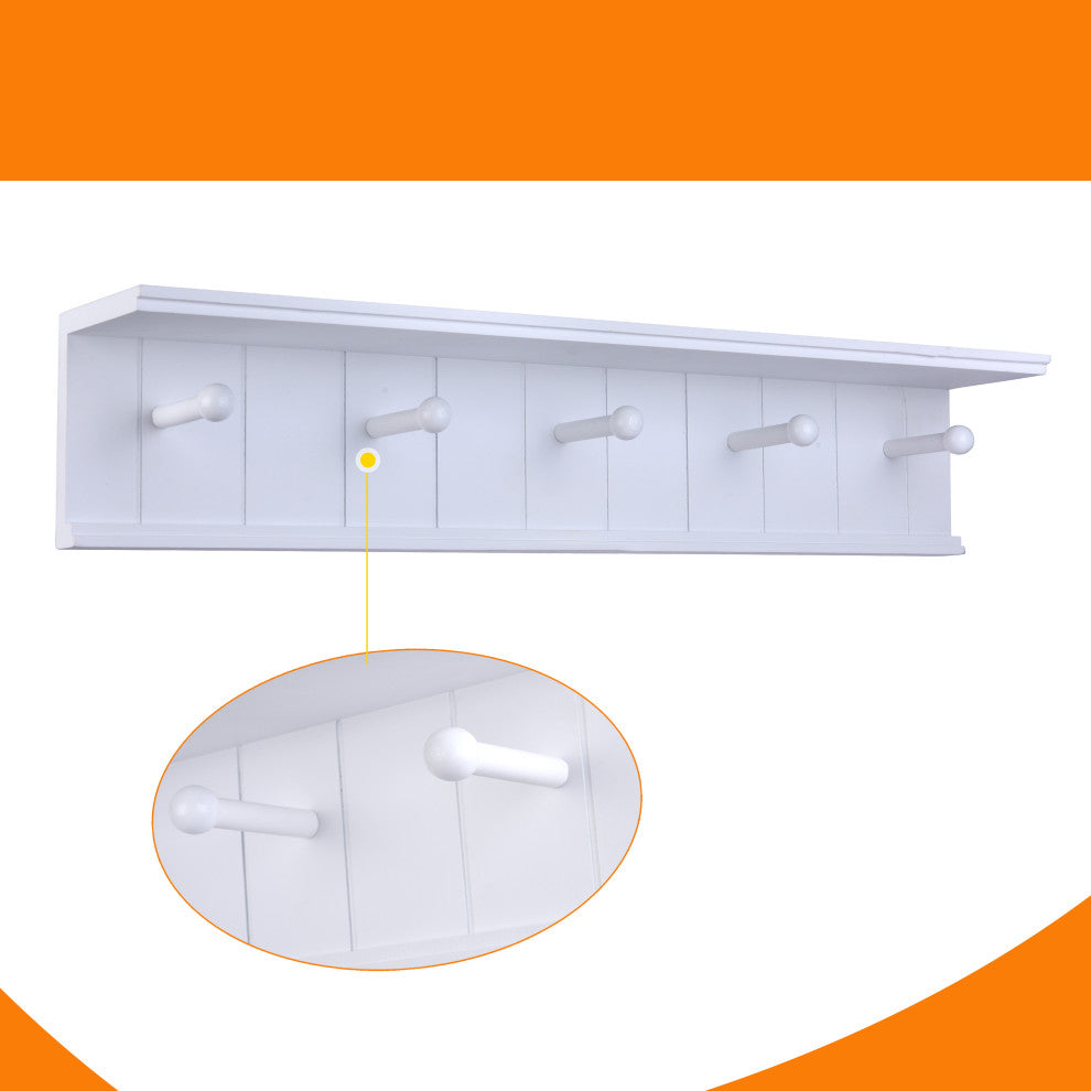 Danya B. 24" Wall Mount Wooden Coat Rack With Hooks and Display Shelf White