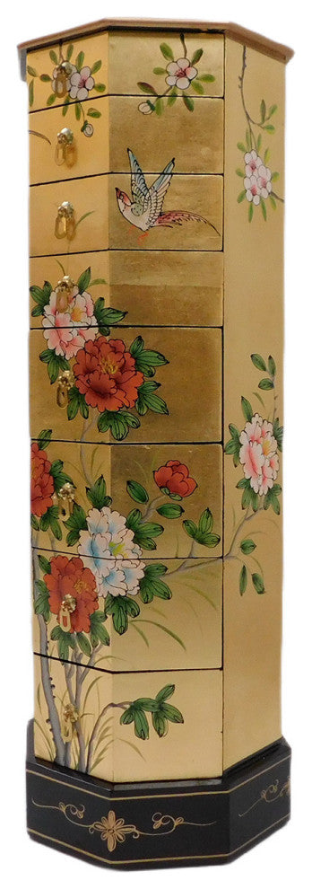 Asian Gold Leaf Lacquer Painted Pedestal With Drawers