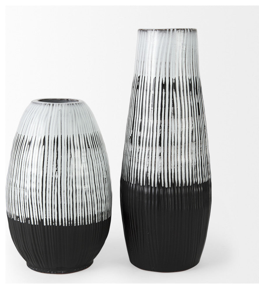13" Black White and Gray Patterned Lines Ceramic Vase
