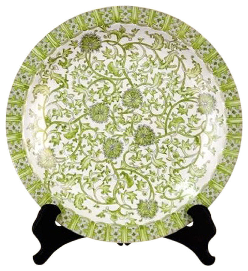 White and Green Porcelain Tapestry Chinese Plate 16"