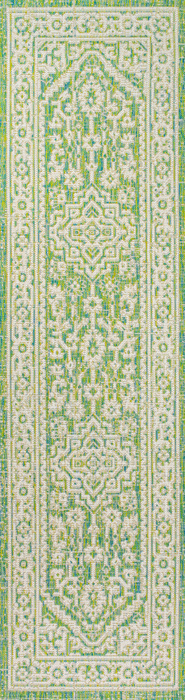 Sinjuri Medallion Textured Weave Indoor/Outdoor, Cream/Green, 2x10