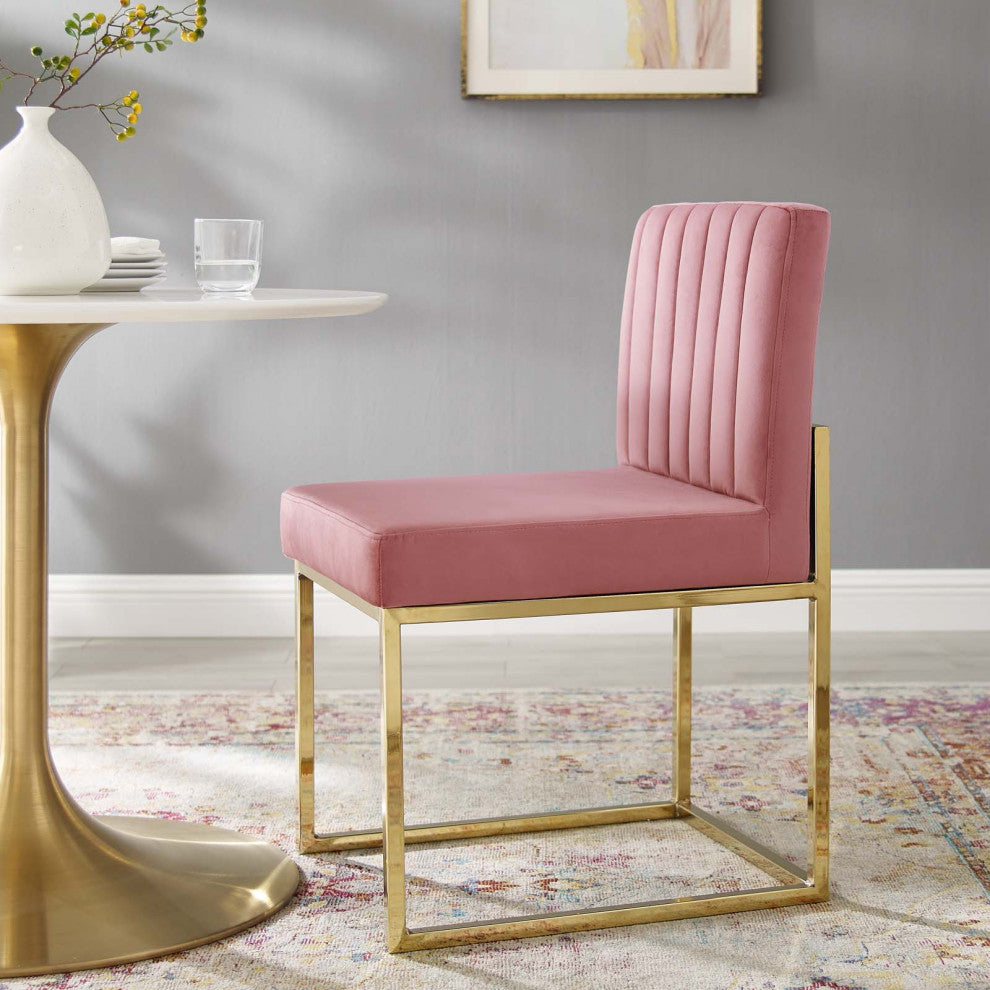 Side Dining Chair, Velvet, Metal, Gold Pink, Modern, Cafe Bistro Restaurant