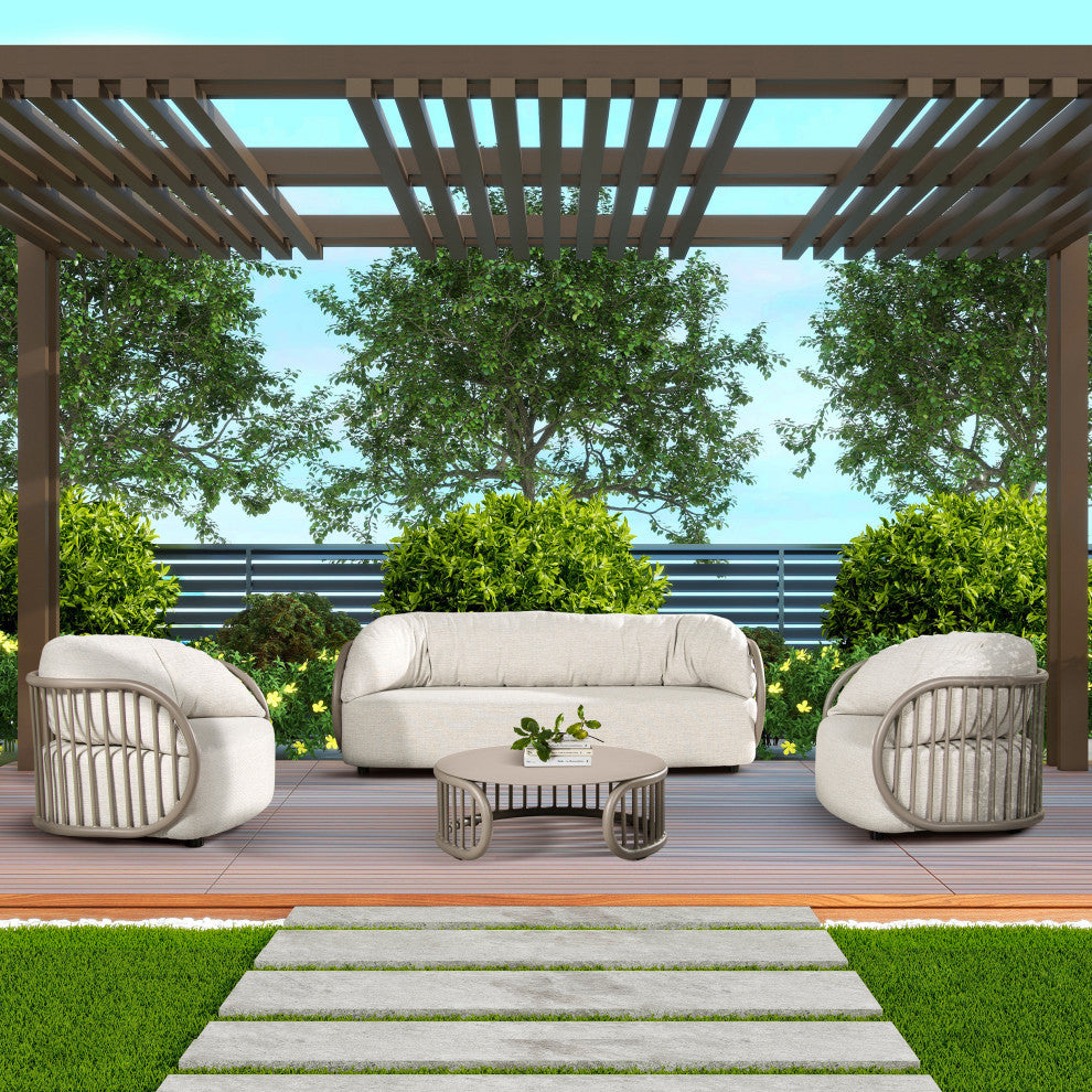 Harper 83" Taupe Greige Aluminum Barrel Deep Seating Outdoor Patio Sofa, Oat Beige Axroma Olefin