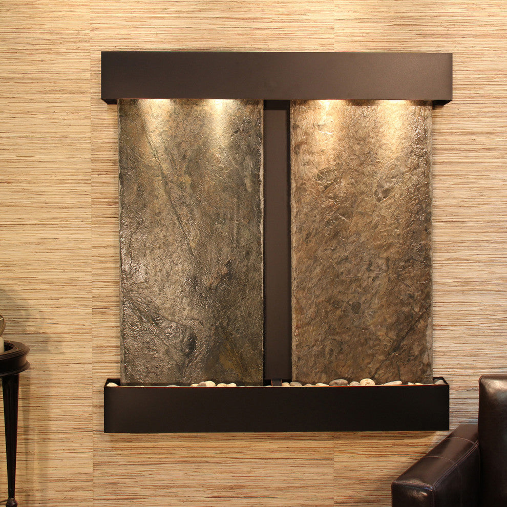 Aspen Falls Water Fountain, Natural Green Slate, Blackened Copper, Square