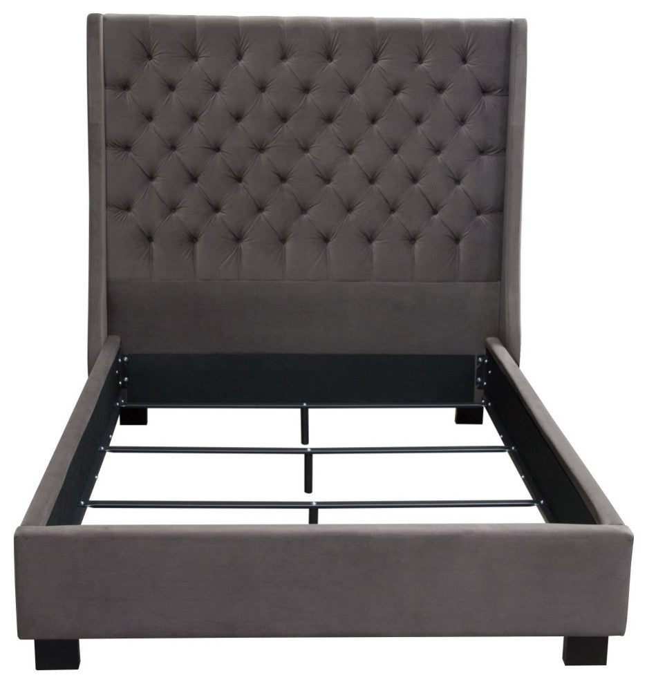 Eastern King Tufted Bed With Vintage Wing, Smoke Gray Velvet