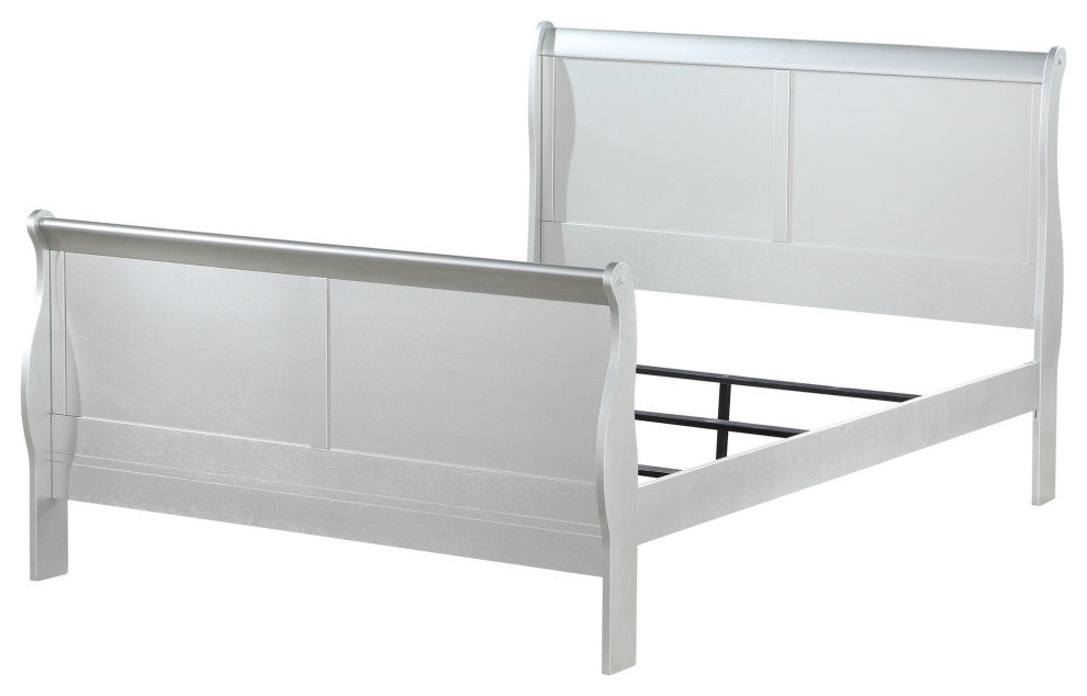 Benzara BM221305 Sleigh Design Eastern King Size Bed with Thin Legs, Silver