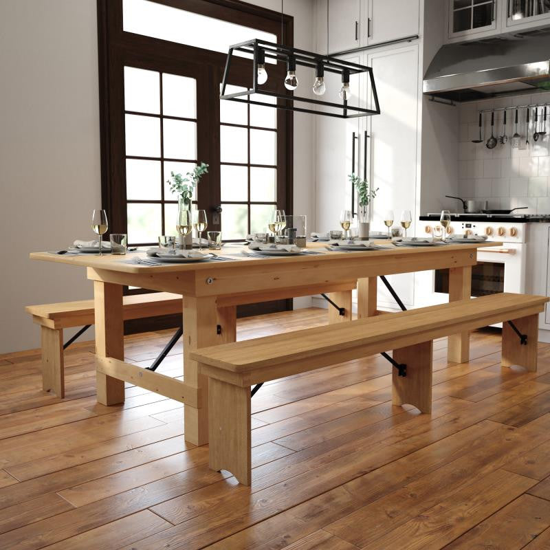 HERCULES Series 9' x 40" Rectangular Solid Pine Folding Farm Table, Light Natural
