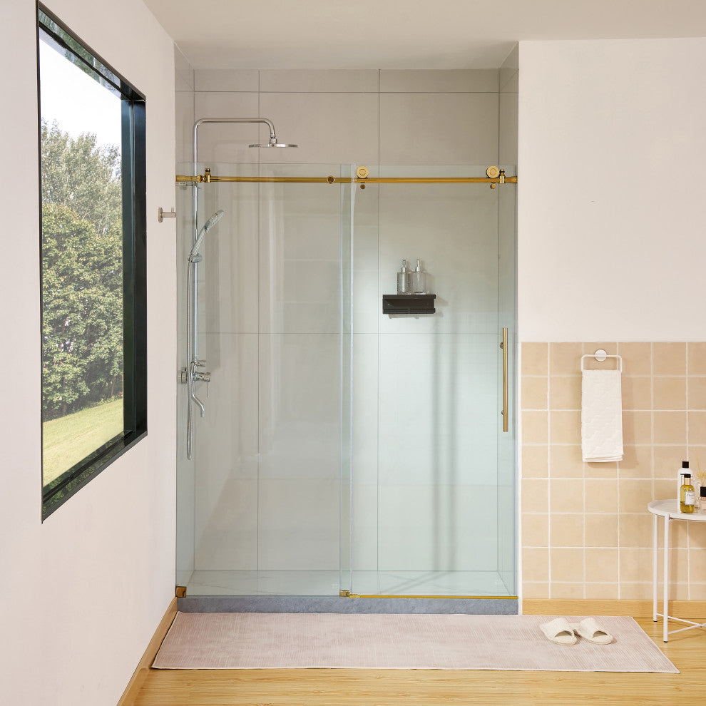 56"“60"Wx76" Frameless Sliding Shower Door With Clear Glass, Titanium Gold