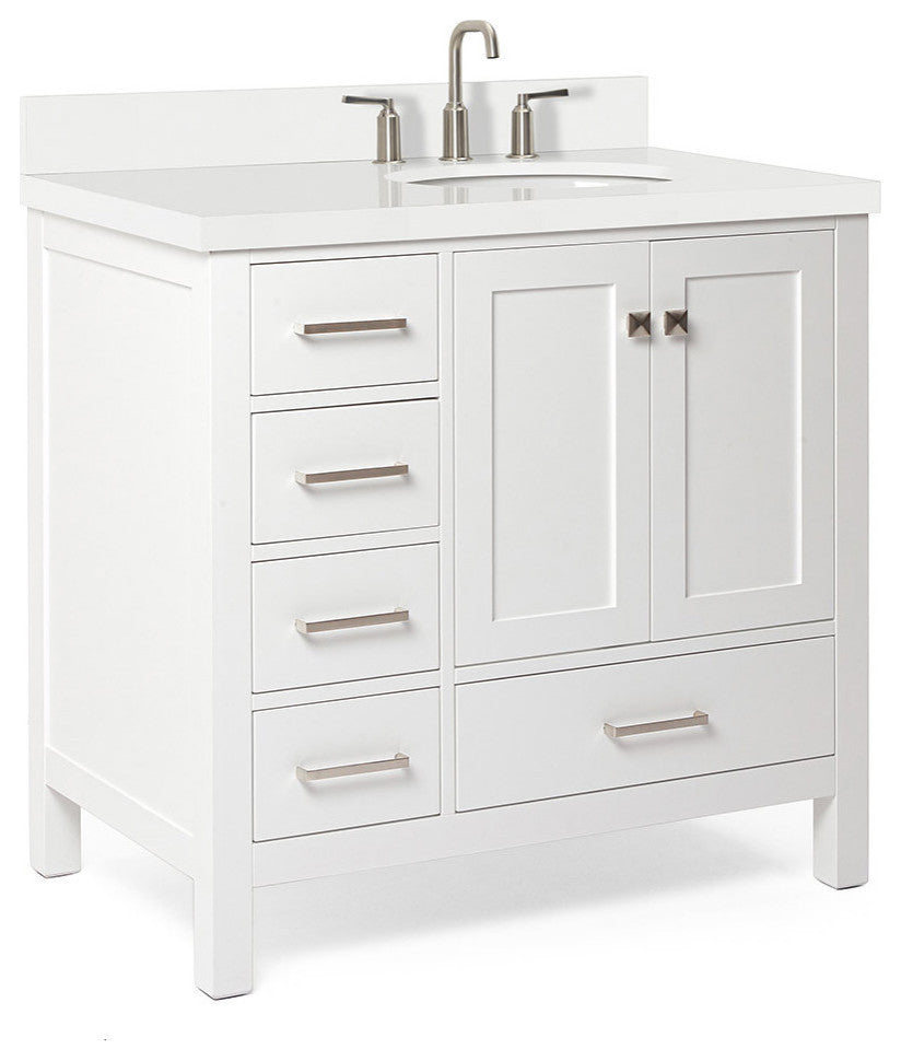 ARIEL Cambridge 37" Right Offset Oval Sink Bathroom Vanity White With Quartz Top