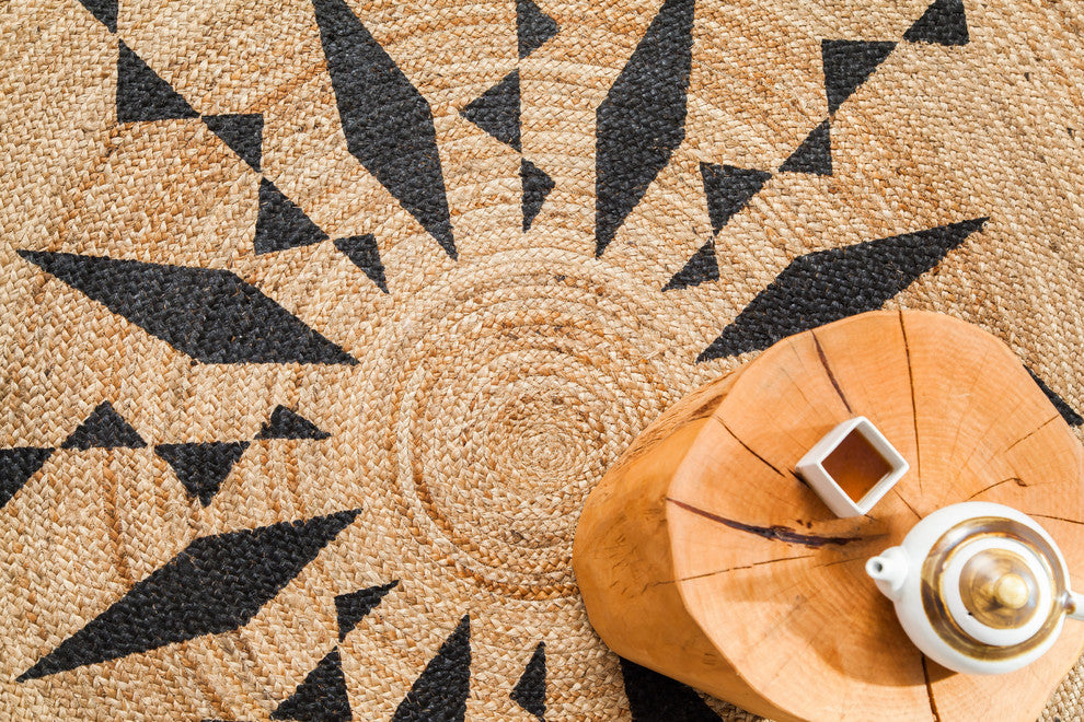 Jute Round Tribal Line Black Print, 8'' Round