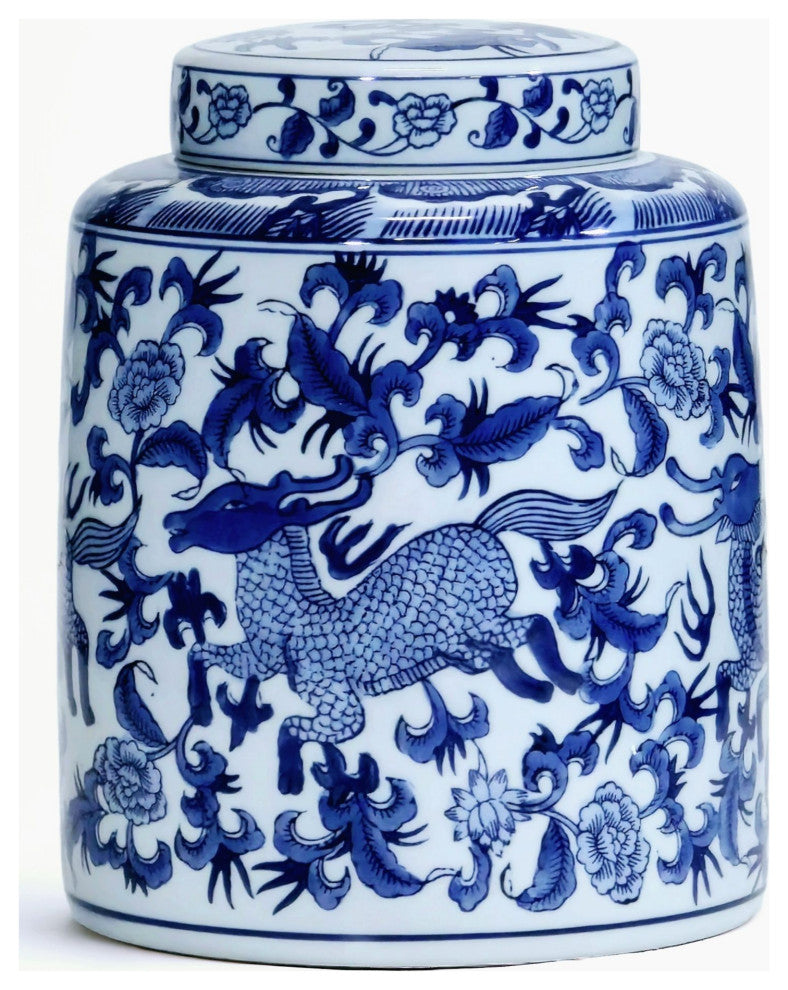 10" Porcelain Ginger Jar with Chinoiserie Deer Design