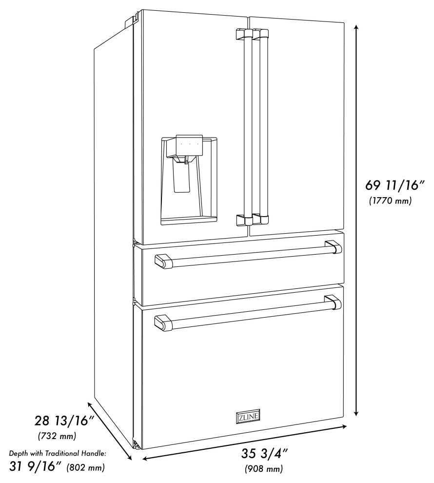 ZLINE 36" French Door Refrigerator With Water and Ice Dispenser RFMZ-W-36-G