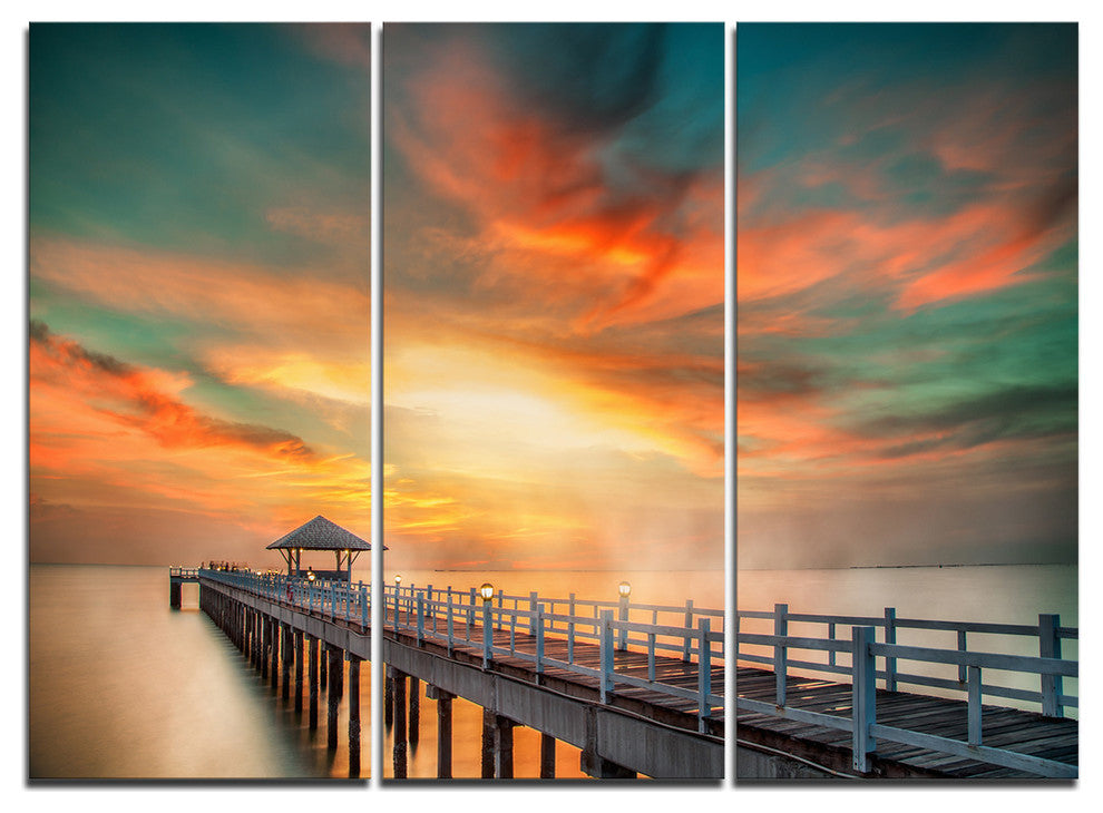 "Wooden Bridge Under Colorful Sky" Sea Bridge Metal Wall Art, 3 Panels, 36"x28"