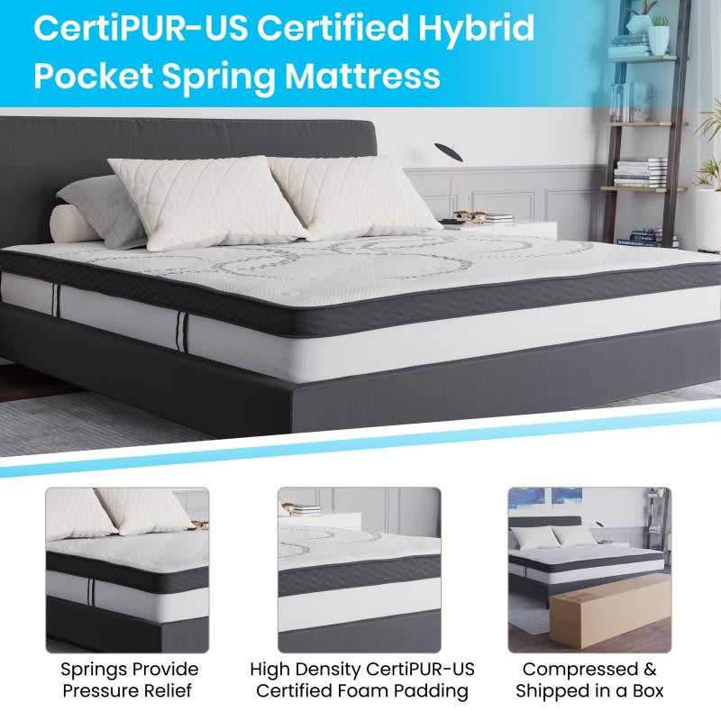 14" Metal Platform Bed Frame, 10" Pocket Spring Mattress & Memory Foam Topper, Black, Queen