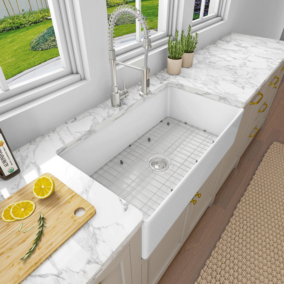 Sinber Farmhouse Apron Single Bowl Kitchen Sink with Fireclay 2 Accessories, White, 33" X 20"