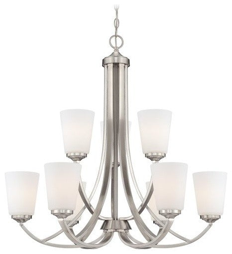 9-Light Chandelier, Brushed Nickel With Etched White Glass