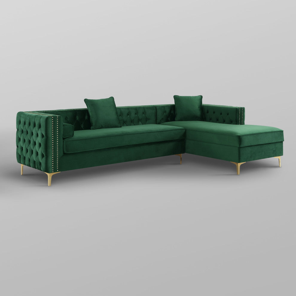 Jeannie Velvet Tufted With Nailhead Trim Sectional, Hunter Green, Right Facing