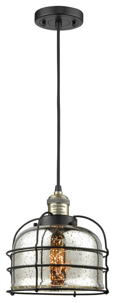 Large Bell Cage 1-Light Mini Pendant, Black Antique Brass, Silver Plated Mercury