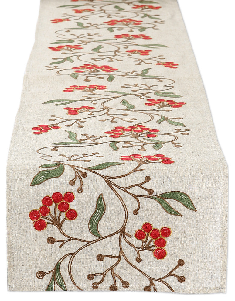 Winter Berries Embroidered Table Runner 14x70