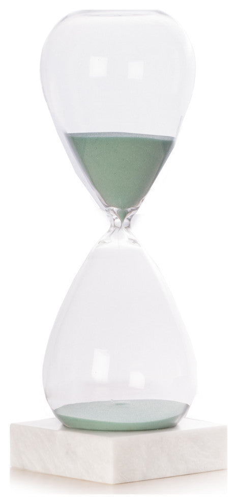 90 Minute Sand Timer On Carerra Gray Marble Base, Light Blue Sand