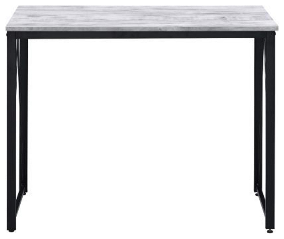 Wooden Writing Desk With Metal Frame, Antique White and Black Finish