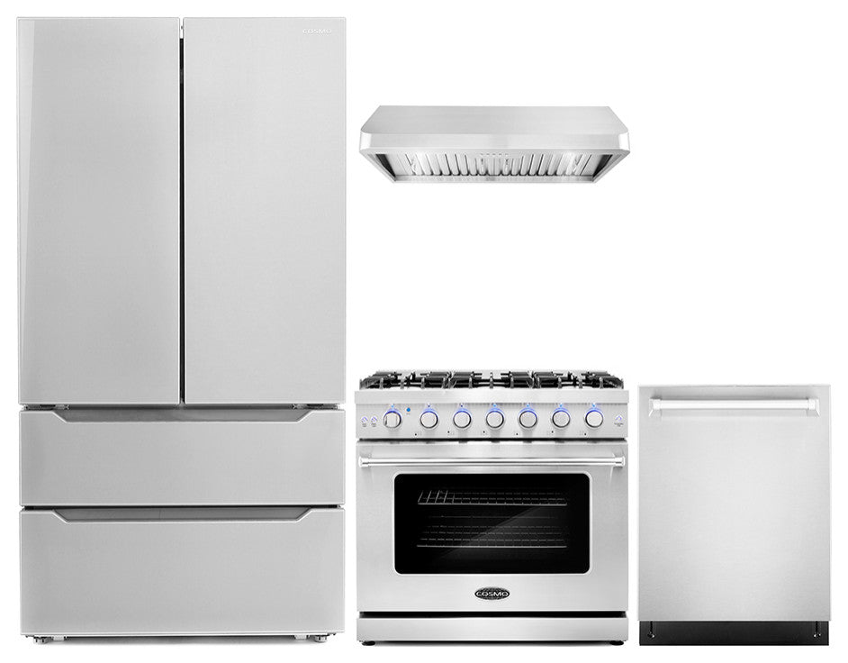 4-Piece, 36" Gas Range, 36" Range Hood, 24" Dishwasher and Refrigerator