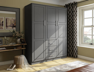 100% Solid Wood Cosmo 3-Door Wardrobe/Armoire, 2 Shelves, Gray-Raised Panel