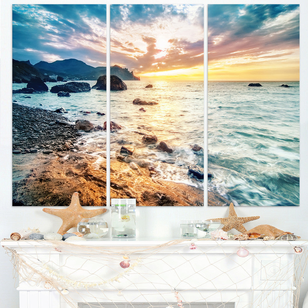 "Summer Sea With Mountains and Waves" Metal Wall Art, 3 Panels, 36"x28"