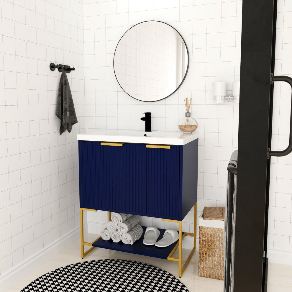 BNK Freestanding Raised Grain Bathroom Vanity With Resin Basin, Navy Blue, 30"