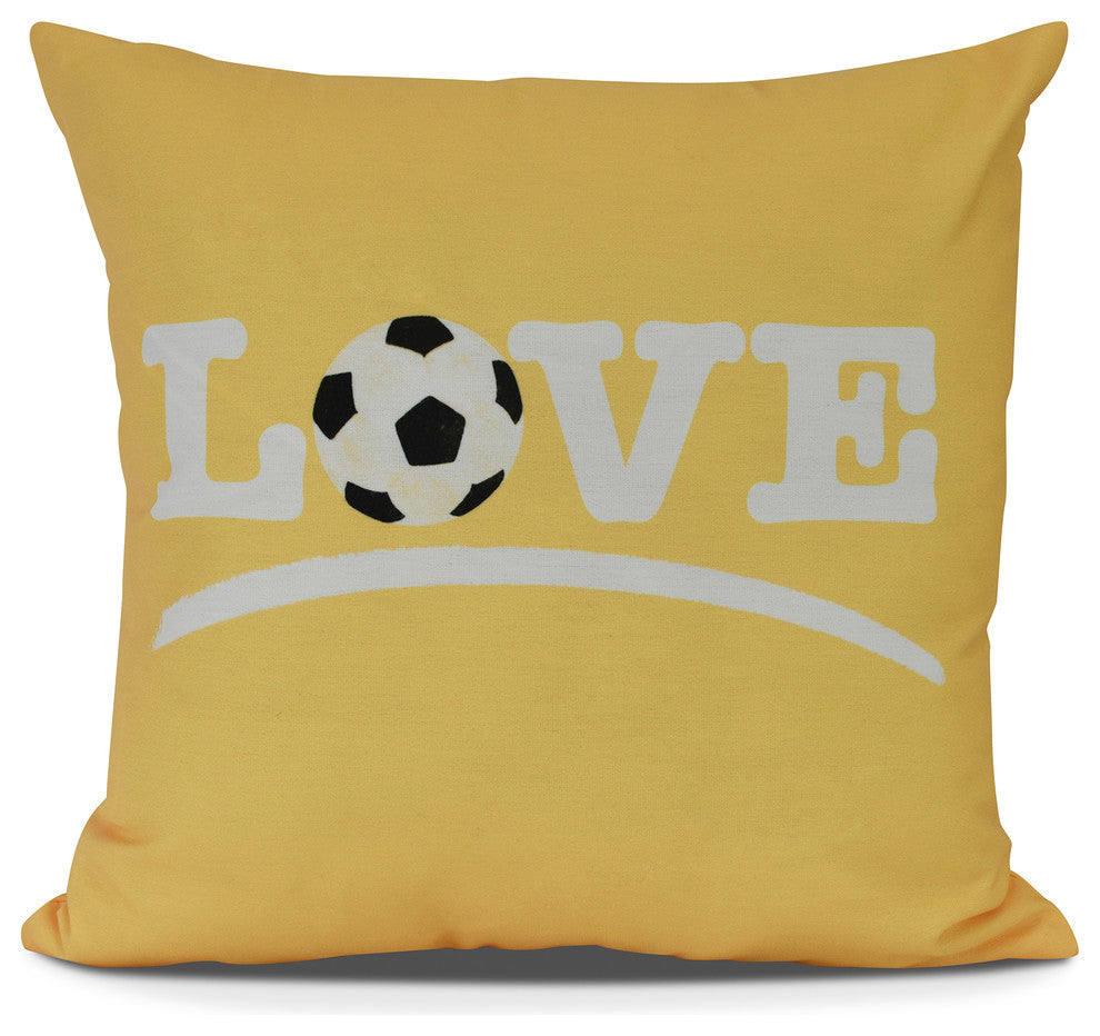 Love Soccer, Word Print Pillow, Yellow, 18" x 18"