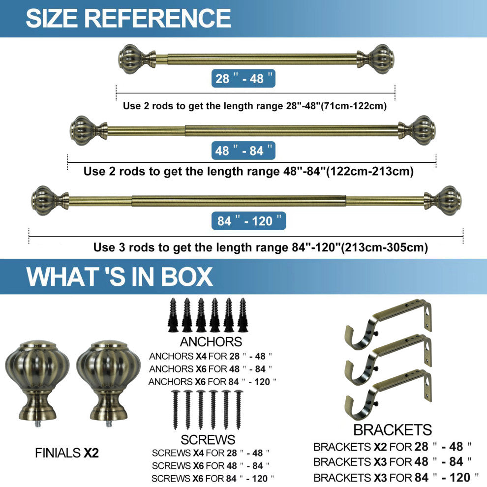 1" Doorknob Drapery Curtain Rod, Antique Brass, 48"-84"