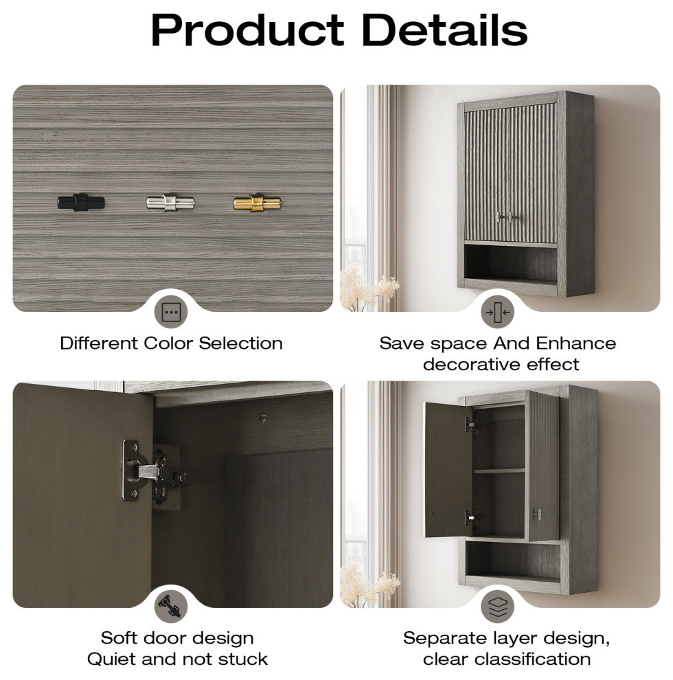 Vanity Art 24" Wall Mounted Bathroom Storage Cabinet, Linear Driftwood Gray, Golden Brushed Handle
