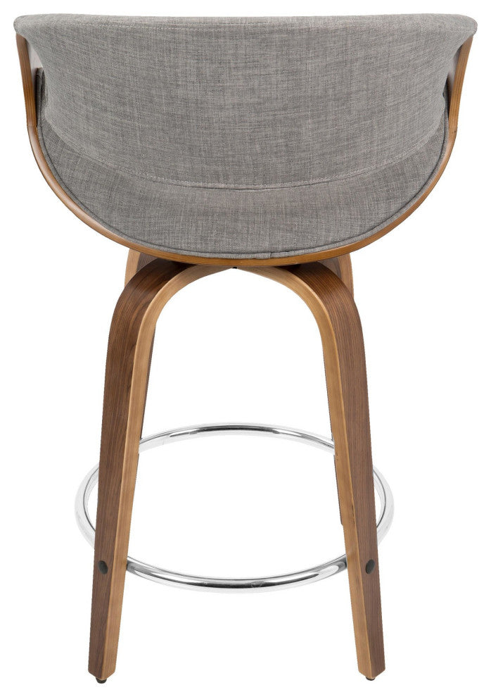 Curvini 24'' Counter Stool, Set of 2, Walnut Wood/Light Gray Fabric/Chrome