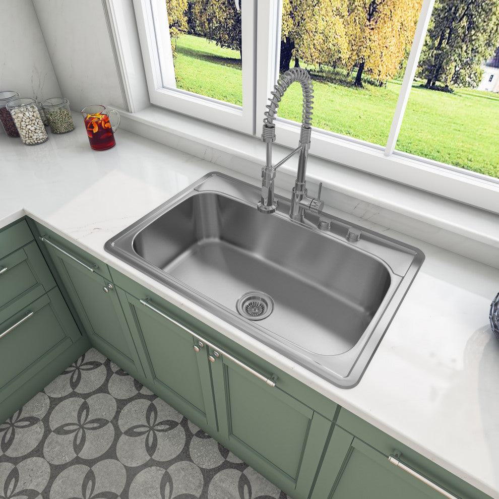 Sinber 33" Drop, Singel Bowl 304 Stainless Steel Kitchen Sink