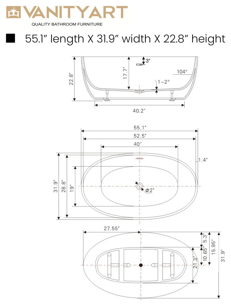 Vanity Art 55"x32" Acrylic Freestanding Soaking Bathtub, White/Integrated Overflow
